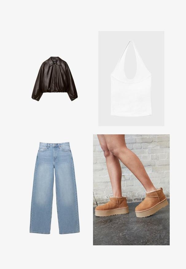 Veste cropped en simili cuir marron avec col, fermeture éclair et manches bouffantes, présentant une texture lisse et une taille élastique.; Haut blanc sans manches à encolure américaine, avec un profond col rond et une taille cintrée, présenté sur un fond clair et uni.; Jean large bleu clair fabriqué en denim. Doté d'une taille haute, de poches avant et d'une fermeture à boutons. Texture lisse avec un léger délavage.; Bottines en suède marron avec une doublure en peluche, semelle épaisse en beige et une poignée à l'arrière. Surface texturée avec des détails de couture visibles.