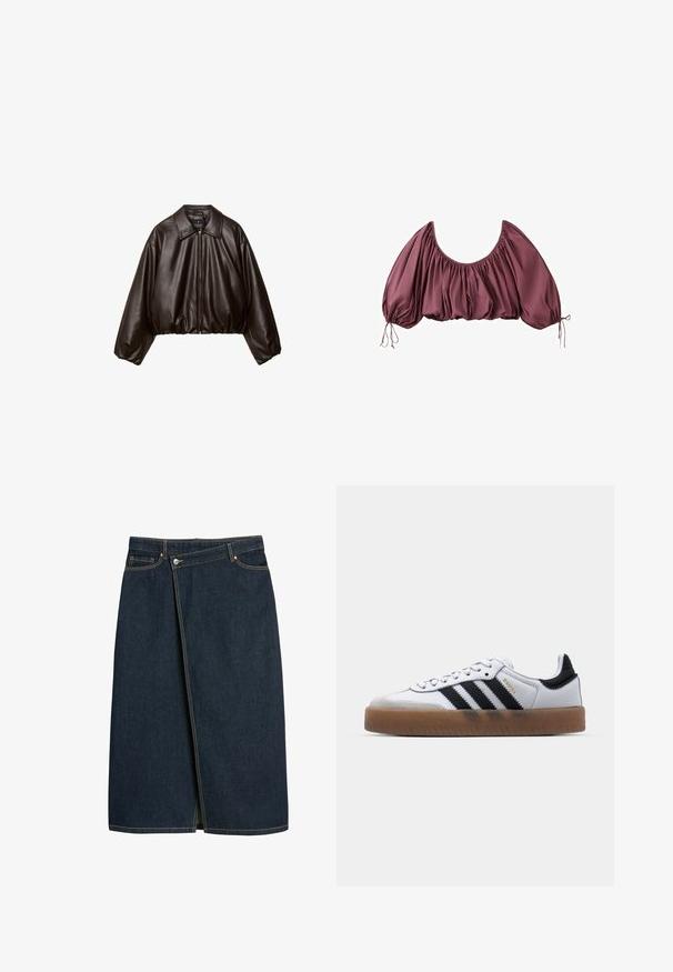 Brun faux læder cropped jakke med krave, lynlås-lukning og pufferærmer, med en glat tekstur og elastisk talje.; Beskåret, off-shoulder bluse i dyb mauve med samlet stof og elastiske pufærmer, bundet ved håndleddene.; Denim nederdel i mørk navyblå, midi-længde, med et omslagdesign, synlige sømme i en kontrastfarve og en slids foran.; Hvide lædersneakers med sorte striber, gummirubber sål, rund tå, snørelukning og blød grå ruskinds tåhætte.