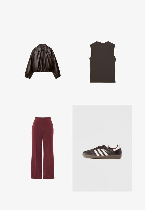 Veste cropped en simili cuir marron avec col, fermeture éclair et manches bouffantes, présentant une texture lisse et une taille élastique.; Débardeur sans manches brun foncé à col rond avec ourlet droit, présenté à plat sur un fond blanc.; Pantalons larges bordeaux avec un motif à rayures fines, présentant une texture lisse et une taille élastique pour plus de confort.; Baskets en cuir marron foncé avec un design à trois bandes blanches, une semelle en caoutchouc et l'inscription "Samba" en lettres dorées sur le côté. Forme classique basse.