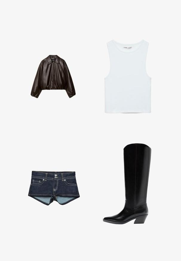 Veste cropped en simili cuir marron avec col, fermeture éclair et manches bouffantes, présentant une texture lisse et une taille élastique.; Crop top blanc sans manches avec col rond, en tissu lisse, étiqueté Pull&Bear, adapté pour un usage décontracté.; Shorts en jean bleu foncé avec une doublure intérieure bleu clair, présentant des poches avant, deux boutons et une couture contrastée au niveau de la taille.; Botte haute en cuir noir de style occidental avec un bout pointu et un talon bloc incliné, orientée vers la gauche sur fond blanc.