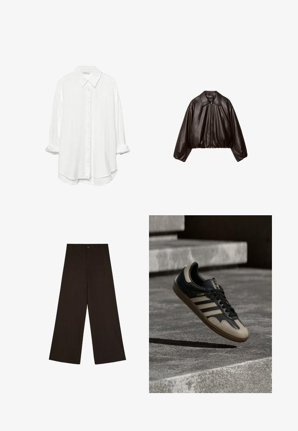 Veste cropped en simili cuir marron avec col, fermeture éclair et manches bouffantes, présentant une texture lisse et une taille élastique.; Stradivarius RUSTIKALES DAILY - Chemisier - white; Pantalon marron foncé à jambes larges avec fines rayures verticales, fermeture par boutons et passants de ceinture, posé à plat sur fond blanc.; Baskets en cuir noir et beige avec trois bandes blanches, semelle en caoutchouc beige et détail en or "Samba" sur le côté.