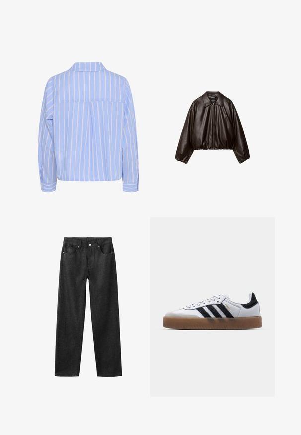 Brun faux læder cropped jakke med krave, lynlås-lukning og pufferærmer, med en glat tekstur og elastisk talje.; Lyseblå skjorte med lodrette hvide og pink striber, krave og lange ærmer, der har en rygplyt og knaplukninger ved ærmerne.; Sorte denimbukser med lige ben, der har fem lommer, sølvhardware og en glat tekstur.; Hvide lædersneakers med sorte striber, gummirubber sål, rund tå, snørelukning og blød grå ruskinds tåhætte.