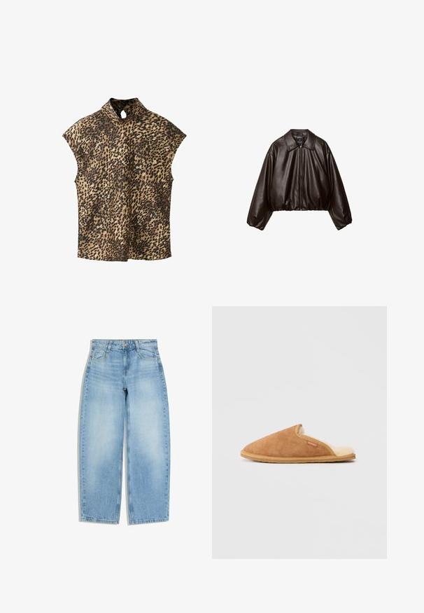 Veste cropped en simili cuir marron avec col, fermeture éclair et manches bouffantes, présentant une texture lisse et une taille élastique.; Haut imprimé léopard avec col montant, manches courtes à emmanchures raglan et détail en forme de trou de serrure au niveau du col. Le tissu a une texture lisse et légèrement brillante.; Jean large bleu clair avec poches avant, passants pour ceinture et fermeture par bouton sur fond blanc.; Pantoufle en daim marron avec une doublure en polaire crème douce et une semelle en caoutchouc beige. Elle présente un bout rond et un design avec des découpes sur le côté.