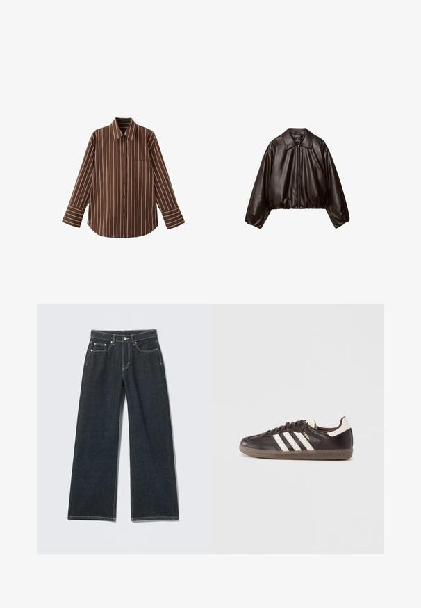 Veste cropped en simili cuir marron avec col, fermeture éclair et manches bouffantes, présentant une texture lisse et une taille élastique.; Chemise marron à manches longues avec boutons et rayures verticales blanches, dotée d'une poche poitrine, posée à plat sur un fond blanc.; Jean large à jambes larges bleu foncé avec bouton devant, fermeture éclair, passants pour ceinture et style cinq poches sur un fond clair uni.; Baskets en cuir marron foncé avec un design à trois bandes blanches, une semelle en caoutchouc et l'inscription "Samba" en lettres dorées sur le côté. Forme classique basse.