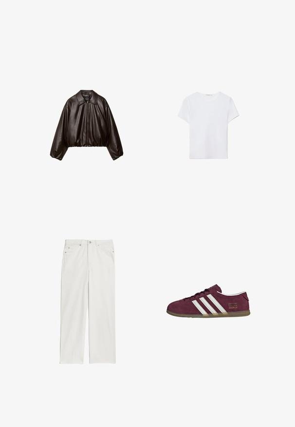 Bruine nep leren cropped jas met een gekraagde kraag, ritssluiting en voluminieuze mouwen, met een gladde textuur en een elastische tailleband.; Witte T-shirt met korte mouwen, gemaakt van zachte stof. Heeft een ronde halslijn en een eenvoudig, strak ontwerp met een rechte zoom.; Witte denim jeans met een rechte pijpdesign, voorzien van voorkruiden en metalen knoopaccenten. Gladde textuur met minimale stikdetails.; Bordeauxrode suède sneaker met witte strepen, een ronde neus en een buitenzool van gum rubber. Voorzien van een logolabel aan de buitenkant.