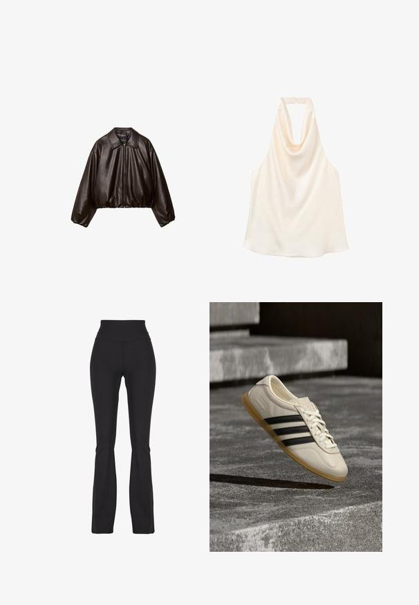 Brun faux læder cropped jakke med krave, lynlås-lukning og pufferærmer, med en glat tekstur og elastisk talje.; Kremfarvet ærmeløs haltertop med draperet krave og lukning bagpå.; Sorte flared leggings lavet af strækbart stof, med en høj talje og glat tekstur, designet til komfort og bevægelighed.; Hvid sneaker med sorte striber og gummisål svæver over betontrapper i blødt dagslys.