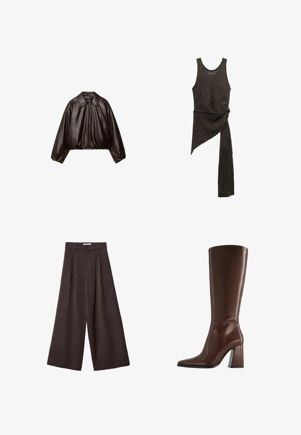 Veste cropped en simili cuir marron avec col, fermeture éclair et manches bouffantes, présentant une texture lisse et une taille élastique.; Robe en tricot asymétrique sans manches de couleur marron foncé, avec un détail de taille torsadée et une longue extension de tissu suspendue d'un côté.; Pantalon à jambes larges en tissu brun foncé, avec des plis, une fermeture par bouton, et une texture lisse ; longueur cheville avec une coupe ajustée.; Botte en cuir marron montant jusqu'au genou, avec bout pointu et talon épais de hauteur moyenne, vue de profil sur fond blanc.