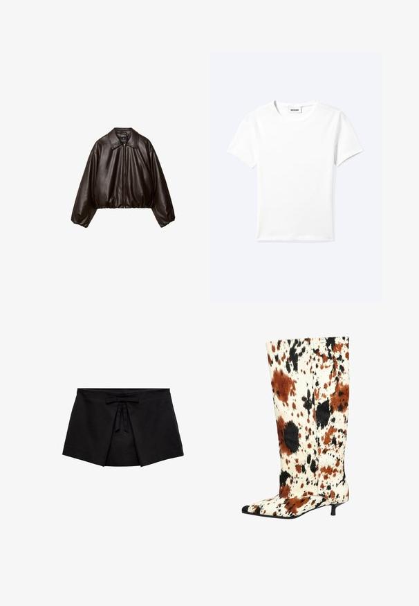 Brun faux læder cropped jakke med krave, lynlås-lukning og pufferærmer, med en glat tekstur og elastisk talje.; Ensfarvet hvid t-shirt med korte ærmer og rund halsudskæring med en lille "WEEKDAY" label indeni halskanten, vist fladt på en lys baggrund.; Sort mini nederdel i omslagsstil med frontfælde detaljer og en lille bundet sløjfe ved taljen.; Knæhøje støvler med en cowhide-print i brune, sorte og hvide splatter. Spidse tæer og en lav, slank hæl. Tekstureret overflade.