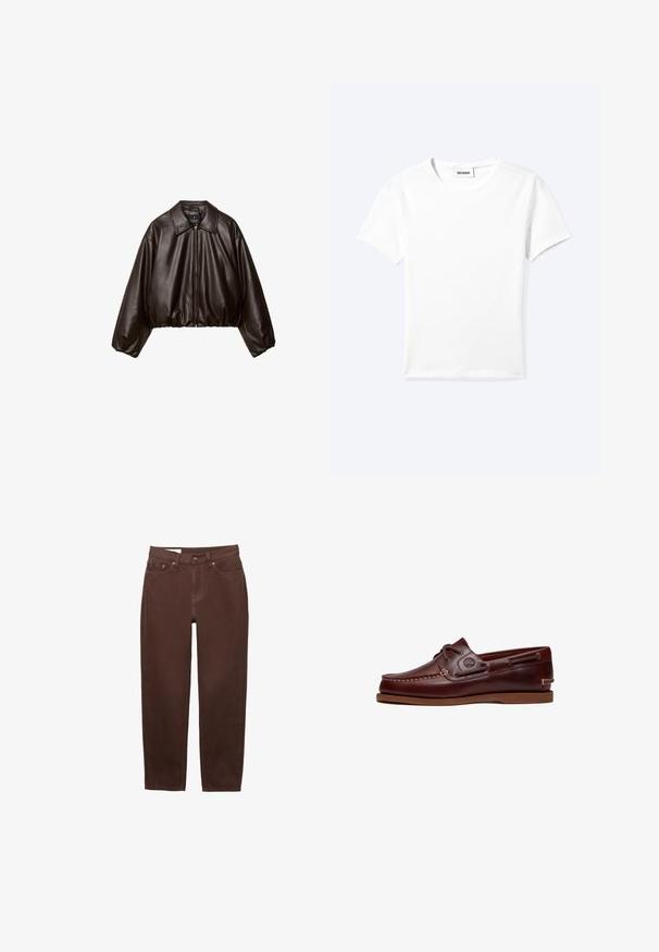 Bruine nep leren cropped jas met een gekraagde kraag, ritssluiting en voluminieuze mouwen, met een gladde textuur en een elastische tailleband.; Effen wit T-shirt met korte mouwen en ronde hals met een klein "WEEKDAY" label aan de binnenkant van de hals, plat neergelegd op een lichte achtergrond.; Bruine jeans met rechte pijpen, voorzien van een voorste knoop- en ritsluiting, en een ontwerp met vijf zakken op een witte achtergrond.; Bruine leren boot schoen met veters, stiksel details en Timberland-logo aan de zijkant, weergegeven op een witte achtergrond.