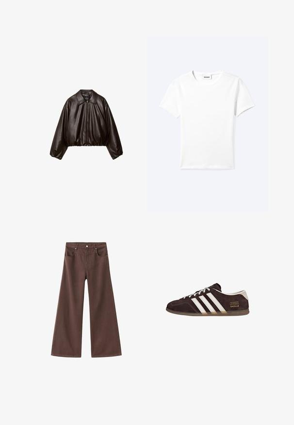 Braune Kunstleder-Cropped-Jacke mit Kragen, Reißverschluss und gepufften Ärmeln, aus glattem Material und mit elastischem Bund.; Einfaches weißes T-Shirt mit kurzen Ärmeln und Rundhalsausschnitt sowie kleinem "WEEKDAY"-Etikett im Nacken, flach auf einem hellen Hintergrund präsentiert.; Braune, weite Jeans aus Denim. Verfügt über fünf Taschen, einen Reißverschluss und Metallnieten. Glatte Textur und klassisches Design.; Braune Wildleder-Sneaker mit drei weißen Streifen, Gummisohle und Textlabel "Gazelle" in Gold. Schnürdesign mit grauen Schnürsenkeln.