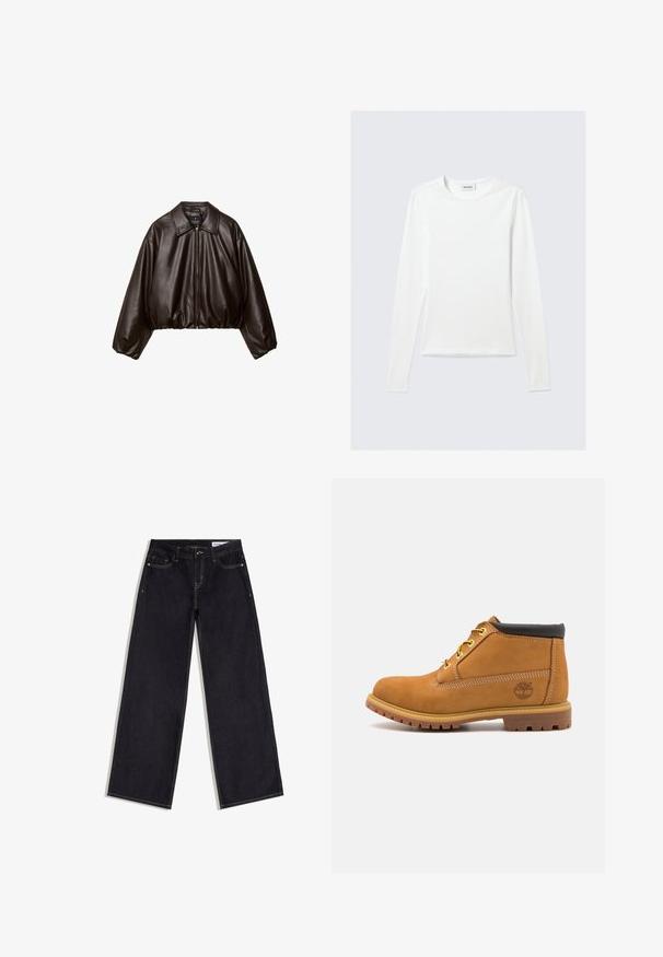 Veste cropped en simili cuir marron avec col, fermeture éclair et manches bouffantes, présentant une texture lisse et une taille élastique.; T-shirt blanc uni à manches longues avec col rond et coupe slim, présenté sur un fond gris clair.; Jean bleu foncé à jambes larges avec poches avant, passants de ceinture et surpiqûres contrastantes, posé à plat sur un fond blanc.; Bottine en suede tan avec col rembourré noir, œillets jaunes et semelle en caoutchouc texturé. Présente un logo imprimé sur le côté.