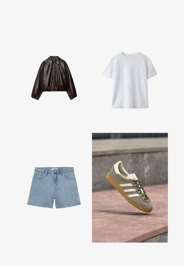 Brun faux læder cropped jakke med krave, lynlås-lukning og pufferærmer, med en glat tekstur og elastisk talje.; Hvid t-shirt med korte ærmer og rund hals i blødt stof, vist på en hvid baggrund.; Lyseblå denimshorts med høj talje, fire lommer og knaplukning. Har en klassisk lige ben stil og frynset kant.; Lysebrun ruskinds Adidas-sneaker med hvide striber og gummisål, svævende over lyserøde stentrapper udendørs.