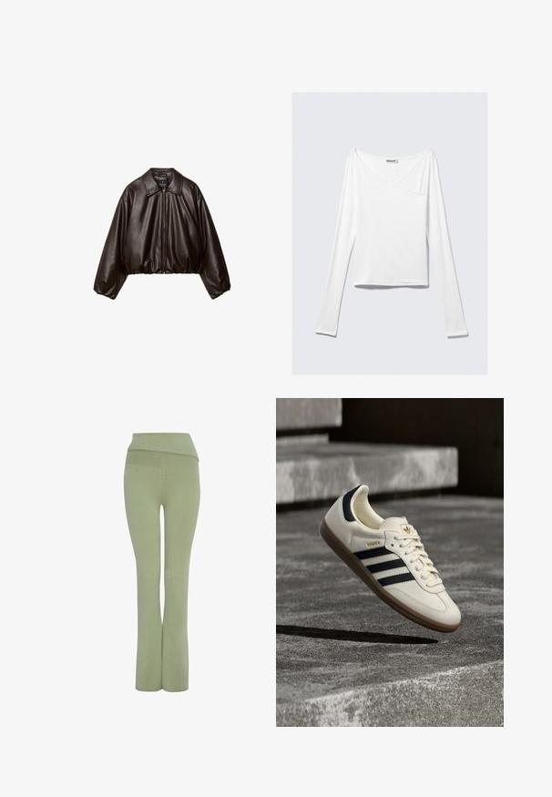 Braune Kunstleder-Cropped-Jacke mit Kragen, Reißverschluss und gepufften Ärmeln, aus glattem Material und mit elastischem Bund.; Weißes Langarmoberteil mit einem Überlappungsdesign und einer Tasche. Hergestellt aus einem glatten, elastischen Material. In einem lässigen, entspannten Schnitt.; Grüne, enganliegende Hose mit weitem Bund und ausgestelltem Bein-Design. Weicher Stoff mit angenehmer Textur, entworfen für Komfort und Flexibilität.; Weißer Adidas Samba Sneaker mit schwarzen Streifen und Gummisohle, schwebend über strukturierten grauen Betontreppen.
