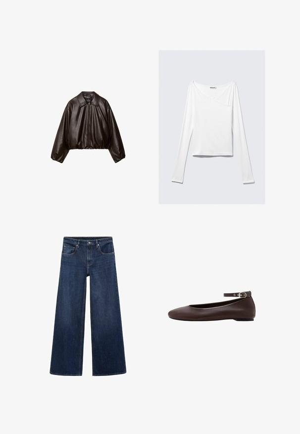 Braune Kunstleder-Cropped-Jacke mit Kragen, Reißverschluss und gepufften Ärmeln, aus glattem Material und mit elastischem Bund.; Weißes Langarmoberteil mit einem Überlappungsdesign und einer Tasche. Hergestellt aus einem glatten, elastischen Material. In einem lässigen, entspannten Schnitt.; Dunkelblaue weit geschnittene Jeans aus Denim, mit vorderen Taschen, Gürtelschlaufen und einem Knopfverschluss an der Taille.; Dunkelbrauner flacher Schuh mit abgerundeter Spitze und verstellbarem Knöchelriemen mit silberner Schnalle auf weißem Hintergrund.