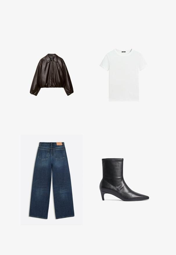 Brun faux læder cropped jakke med krave, lynlås-lukning og pufferærmer, med en glat tekstur og elastisk talje.; Almindelig hvid T-shirt med korte ærmer, rund halsudskæring og lille sort label inden i kraven.; Mørkeblå vidbenede denimjeans med to baglommer og et brunt læderbrandmærke i linningen.; Sorte læder ankelstøvle med spids tå og en slank, mellemhøj hæl. Har elegante linjer og minimale syninger.