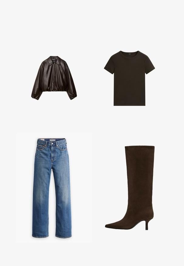 Veste cropped en simili cuir marron avec col, fermeture éclair et manches bouffantes, présentant une texture lisse et une taille élastique.; T-shirt marron foncé à manches courtes avec col rond et bords de manches repliés, présenté à plat sur fond blanc.; Jean en denim bleu clair avec une taille haute, une coupe à jambes larges, un style classique à cinq poches et un léger délavage sur le tissu.; Botte haute jusqu’au genou en daim brun foncé avec bout pointu et talon fin et bas.