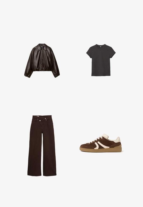 Brun faux læder cropped jakke med krave, lynlås-lukning og pufferærmer, med en glat tekstur og elastisk talje.; Kulsort, kortærmet, rundhalset bomulds-T-shirt med lige kant, lagt fladt på en hvid baggrund.; Brune vide ben jeans med høj talje, front lynlås og knaplukning, der har for- og baglommer.; Brun ruskindsneaker med cremefarvede detaljer, hvide snørebånd og en sål i gummi med karamelkulør, vist fra ydersiden på en hvid baggrund.