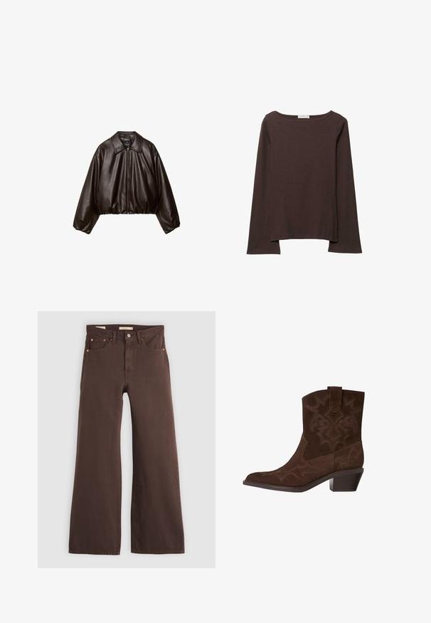 Brun faux læder cropped jakke med krave, lynlås-lukning og pufferærmer, med en glat tekstur og elastisk talje.; Brun langærmet bluse med bred halsudskæring, blødt stof og afslappet pasform. Har sideslidser ved kanten for ekstra detaljer.; Brune vidde bukser med høj talje, fem lommer og knaplukning, lagt fladt på en lys baggrund.; Brune ruskinds cowboystøvle med spids tå, dekorative syninger, ankelhøjde og en stablet hæl. Har en pull tab for nem påtagning.