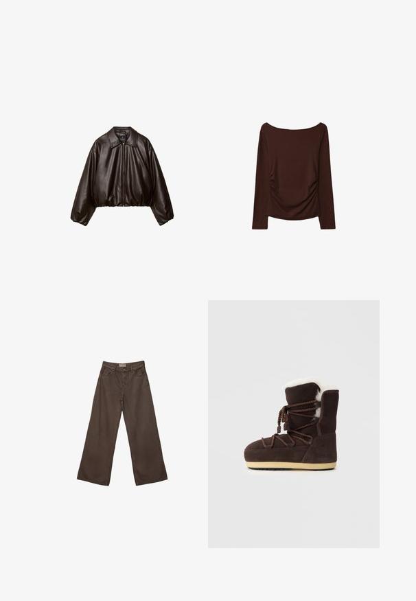 Veste cropped en simili cuir marron avec col, fermeture éclair et manches bouffantes, présentant une texture lisse et une taille élastique.; Haut marron à manches longues avec un large col et des détails froncés sur les côtés, fabriqué à partir d'un matériau doux et extensible.; Pantalons en denim marron à coupe large avec un design classique à cinq poches, dotés d'une fermeture à bouton et d'une texture lisse.; Botte en suede marron avec un dessus en fausse fourrure blanche, des liens en dentelle et une semelle en caoutchouc beige. Le côté présente le texte "MOON BOOT."