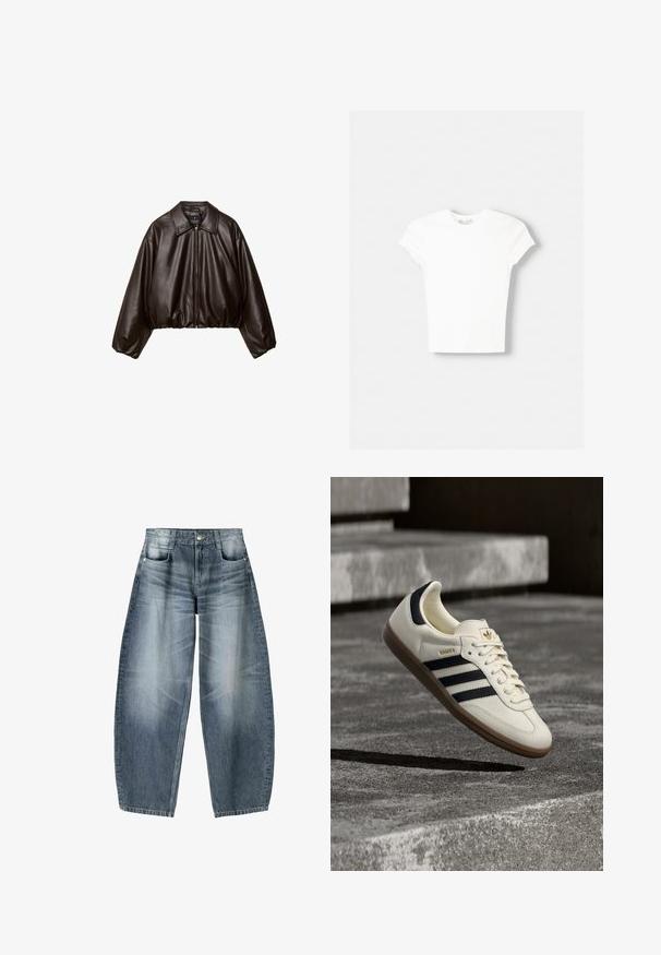Veste cropped en simili cuir marron avec col, fermeture éclair et manches bouffantes, présentant une texture lisse et une taille élastique.; T-shirt blanc à manches courtes en coton doux, avec un col rond et une coupe ajustée. Pas de motifs ni d'ornements visibles.; Jean large en denim bleu clair avec décoloration, présentant un design à cinq poches, un bouton de fermeture et des détails de couture minimaux.; Baskets blanches Adidas Samba avec des bandes noires et une semelle en gomme, flottant au-dessus de marches en béton gris texturé.