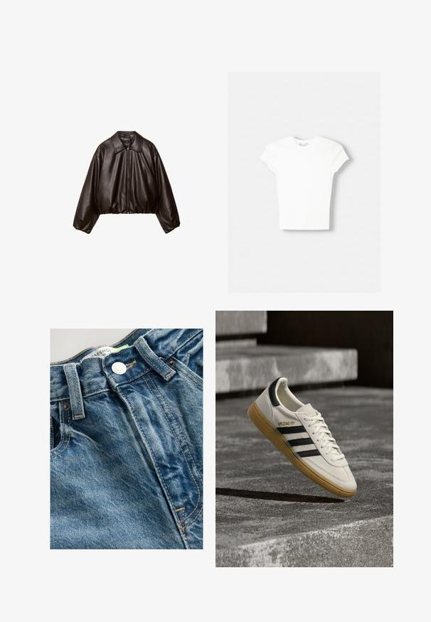 Brun faux læder cropped jakke med krave, lynlås-lukning og pufferærmer, med en glat tekstur og elastisk talje.; Hvid kortærmet t-shirt lavet af blød bomuld, med rund halsudskæring og en tætsiddende form. Ingen synlige mønstre eller udsmykninger.; Denimjeans har en lys blå farve med whiskeringdetaljer. Linningen inkluderer en metalknap og synlige sømme langs sømmene.; Hvid Adidas Spezial sneaker med sorte striber og gummisål, svævende over grå stentrin udendørs.