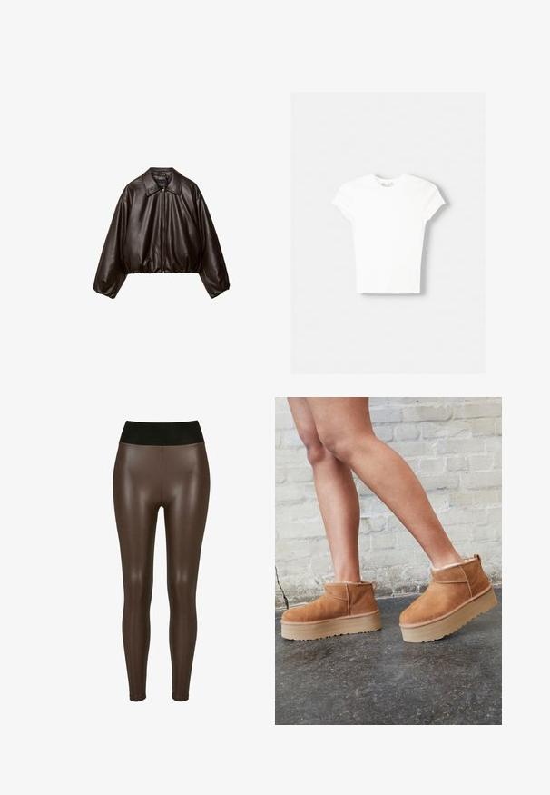 Braune Kunstleder-Cropped-Jacke mit Kragen, Reißverschluss und gepufften Ärmeln, aus glattem Material und mit elastischem Bund.; Weißes kurzärmliges T-Shirt aus weicher Baumwolle, mit Rundhalsausschnitt und figurbetonter Form. Keine sichtbaren Muster oder Verzierungen.; Braune leggings aus Kunstleder mit einem hohen schwarzen Bund, die eine glatte, glänzende Oberfläche und ein eng anliegendes Design bis zum Knöchel aufweisen.; Braune Wildleder-Stiefeletten mit einem weichen Futter, dicker beige Plateau-Sohle und einer Zuglasche auf der Rückseite. Strukturiert Oberfläche mit sichtbaren Nähdetails.