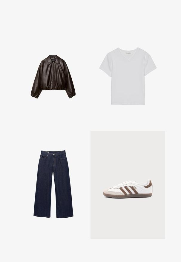Veste cropped en simili cuir marron avec col, fermeture éclair et manches bouffantes, présentant une texture lisse et une taille élastique.; T-shirt blanc à manches courtes en V, en tissu côtelé. Présente un design épuré avec un ourlet droit et un minimum de détails.; Jean en denim bleu foncé à jambes larges avec poches avant, passants pour ceinture et fermeture à bouton.; Baskets Adidas Samba blanches avec des bandes en daim marron, semelle en caoutchouc marron et bout en daim beige, vues du côté extérieur sur un fond uni.
