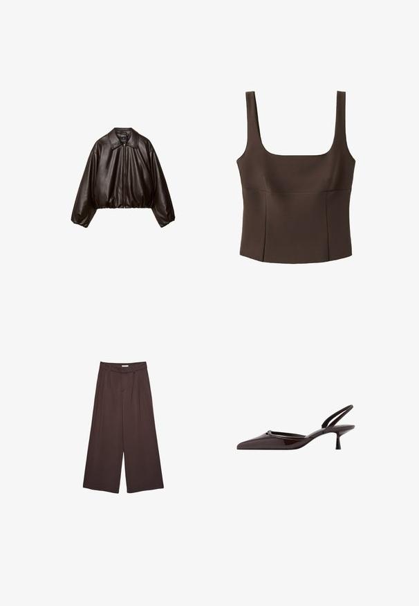 Veste cropped en simili cuir marron avec col, fermeture éclair et manches bouffantes, présentant une texture lisse et une taille élastique.; Top marron sans manches, court, avec un large décolleté carré et des coutures ajustées, en tissu texturé.; Pantalons larges marron en tissu doux, dotés de plis à la taille et de poches latérales. Silhouette ajustée avec un ajustement confortable.; Escarpin slingback en cuir verni marron foncé avec bout pointu et petit talon kitten sur fond blanc.