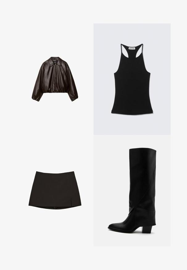 Veste cropped en simili cuir marron avec col, fermeture éclair et manches bouffantes, présentant une texture lisse et une taille élastique.; Débardeur noir sans manches à dos nageur avec étiquette "WEEKDAY" sur le haut du dos, présenté sur un fond gris clair.; Mini-jupe noire en tissu lisse, avec une coupe droite, des fentes latérales et un ourlet net. Simple et polyvalente.; Botte haute en cuir noir avec couture inclinée, bout pointu et talon épais de taille moyenne sur fond blanc.