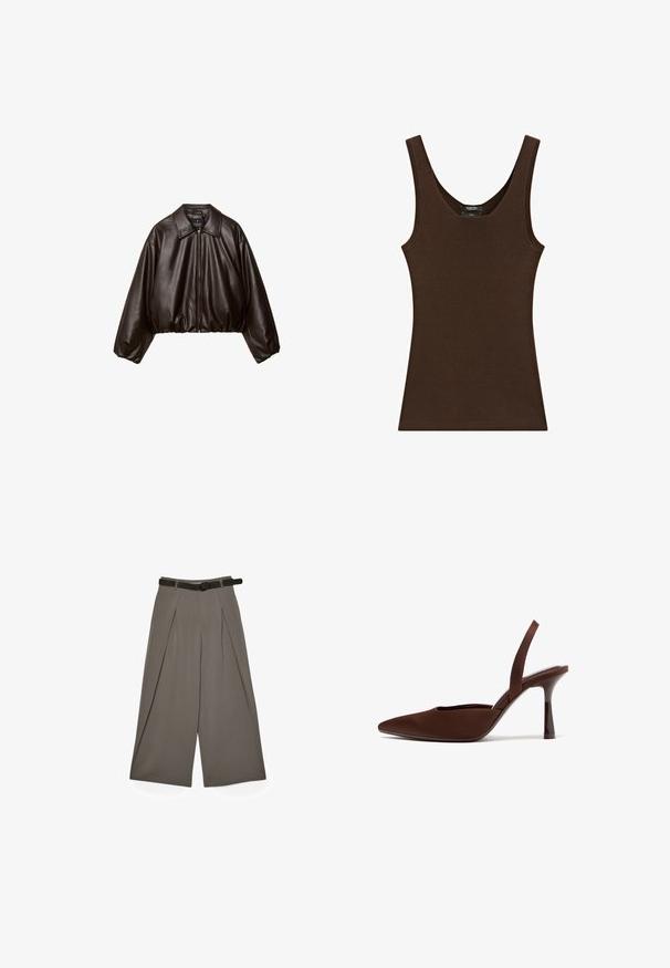 Brun faux læder cropped jakke med krave, lynlås-lukning og pufferærmer, med en glat tekstur og elastisk talje.; Ærmeløs brun strikket tanktop med rund halsudskæring og ribbet kant rundt kanterne.; Bred-læggede grå bukser med frontfolder og et sort bælte, vist fladt på en hvid baggrund.; Brun højhælet sko med spidst tåparti og slingback med en slank, buet hæl, fotograferet på en hvid baggrund.