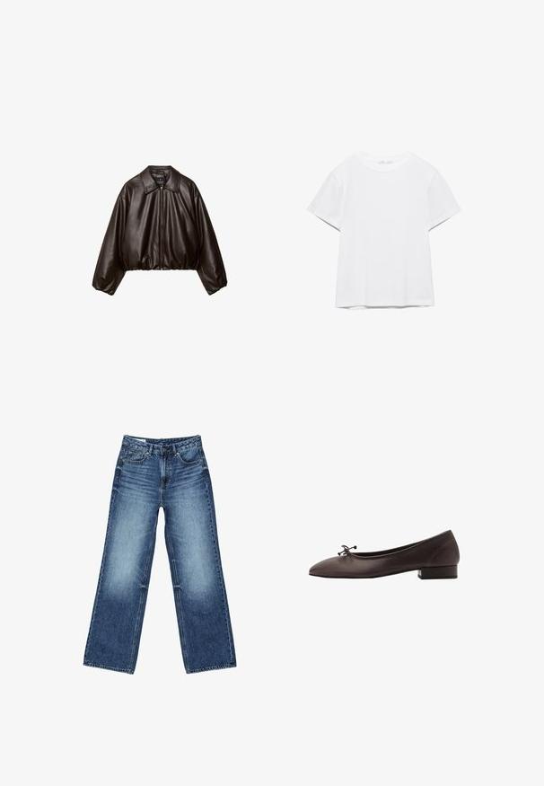 Brun faux læder cropped jakke med krave, lynlås-lukning og pufferærmer, med en glat tekstur og elastisk talje.; Hvid, kortærmet T-shirt med rund hals og lige kant, vist på en hvid baggrund.; Blå vidtsiddende jeans i denim med forlommer og møntlomme foran, knaplukning og falmet vask på lår og knæ.; Brune læder balletflade med rund tå og lille blokhæl. Har en tynd sløjfe foran og diskrete syningsdetaljer.