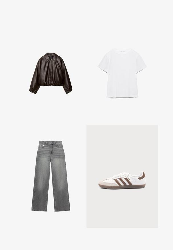 Veste cropped en simili cuir marron avec col, fermeture éclair et manches bouffantes, présentant une texture lisse et une taille élastique.; T-shirt blanc uni à manches courtes et col rond, avec un ourlet droit, présenté sur un fond blanc.; Jean large gris en denim, avec une taille mi-haute, cinq poches et une légère décoloration sur les jambes.; Baskets Adidas Samba blanches avec des bandes en daim marron, semelle en caoutchouc marron et bout en daim beige, vues du côté extérieur sur un fond uni.
