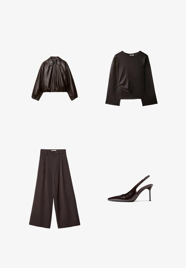 Veste cropped en simili cuir marron avec col, fermeture éclair et manches bouffantes, présentant une texture lisse et une taille élastique.; Chemise noire à manches longues avec un col rond et un petit détail froncé sur le côté gauche près de la taille.; Pantalon à jambes larges en tissu brun foncé, avec des plis, une fermeture par bouton, et une texture lisse ; longueur cheville avec une coupe ajustée.; Chaussure à talon haut pour femmes en cuir marron foncé, avec bride arrière, bout pointu et talon aigu slim, sur fond blanc.