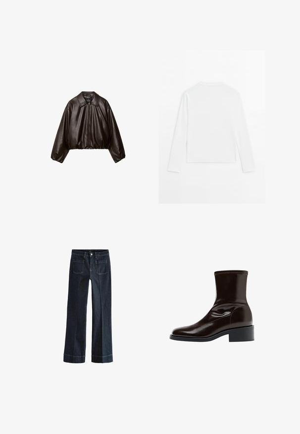 Bruine nep leren cropped jas met een gekraagde kraag, ritssluiting en voluminieuze mouwen, met een gladde textuur en een elastische tailleband.; Effen wit shirt met lange mouwen, plat gelegd met de achterkant zichtbaar, eenvoudige ronde hals, minimalistisch ontwerp, zonder patronen of logo's.; Donkerblauwe denim jeans met een rechte pijp, voorzien van vijf zakken, een knoopsluiting en opgerolde zomen. Glad oppervlak, minimale stikseldetails.; Donkerbruine leren enkellaars met vierkante neus, lage blokhak en gestikte details rond de bovenrand, zijaanzicht.
