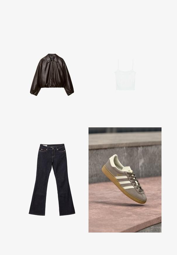 Brun faux læder cropped jakke med krave, lynlås-lukning og pufferærmer, med en glat tekstur og elastisk talje.; Stradivarius Top - white; Mørkeblå denim bukser med flared ben, fem lommer, kobbernitter og kontrastsyet. Glat tekstur med en lige, afslappet pasform.; Lysebrun ruskinds Adidas-sneaker med hvide striber og gummisål, svævende over lyserøde stentrapper udendørs.