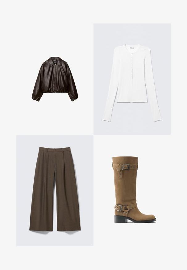 Veste cropped en simili cuir marron avec col, fermeture éclair et manches bouffantes, présentant une texture lisse et une taille élastique.; Chemise Henley blanche à manches longues avec col rond et une rangée verticale de petits boutons au centre devant.; Pantalon large brun à fines rayures avec passants de ceinture et plis devant, présenté à plat sur un fond gris clair.; Botte haute en daim marron avec deux boucles et lanières argentées réglables, bout rond et talon bloc noir bas.