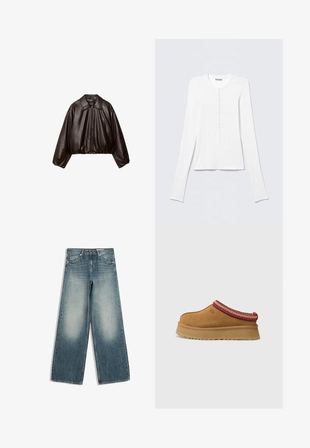 Veste cropped en simili cuir marron avec col, fermeture éclair et manches bouffantes, présentant une texture lisse et une taille élastique.; Chemise Henley blanche à manches longues avec col rond et une rangée verticale de petits boutons au centre devant.; Jean large bleu avec zones avant des cuisses délavées, poches avant, passants de ceinture et fermeture par bouton.; Chaussure slip-on en daim marron avec un bord en rouge et crème à motifs, semelle texturée et logo UGG sur le côté. Présente une légère hauteur de plateforme.
