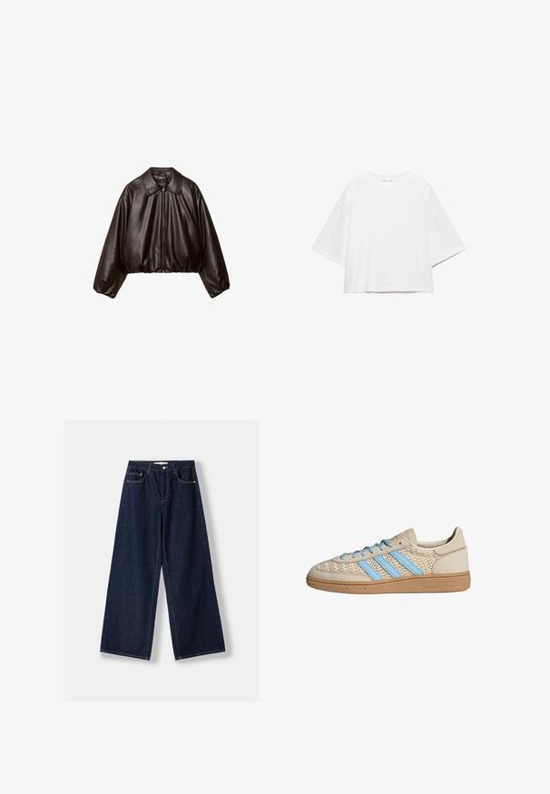 Brun faux læder cropped jakke med krave, lynlås-lukning og pufferærmer, med en glat tekstur og elastisk talje.; Hvid, kortærmet, løs t-shirt lavet af blød bomuld. Har rund halsudskæring og brede ærmer, med et rent, enkelt design.; Mørkeblå vidde denimjeans med knap- og lynlås foran, forlommer og bæltestropper, lagt fladt på en hvid baggrund.; Beige sneakers med en tekstureret strik-overdel, lyseblå striber og brun gummisål. Har runde snørebånd og logodetalje på siden.