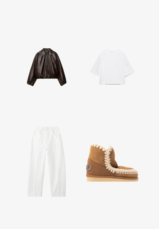 Veste cropped en simili cuir marron avec col, fermeture éclair et manches bouffantes, présentant une texture lisse et une taille élastique.; T-shirt blanc à manches courtes, coupe carrée, en coton doux. Présente un col rond et des manches larges, avec un design épuré et simple.; Jean blanc à taille haute, coupe droite, avec poches avant, passants pour ceinture et fermeture par bouton.; Bottine en daim marron avec une couture décorative crème le long du bord supérieur et un détail de logo métallique sur le côté extérieur. Semelle plate.