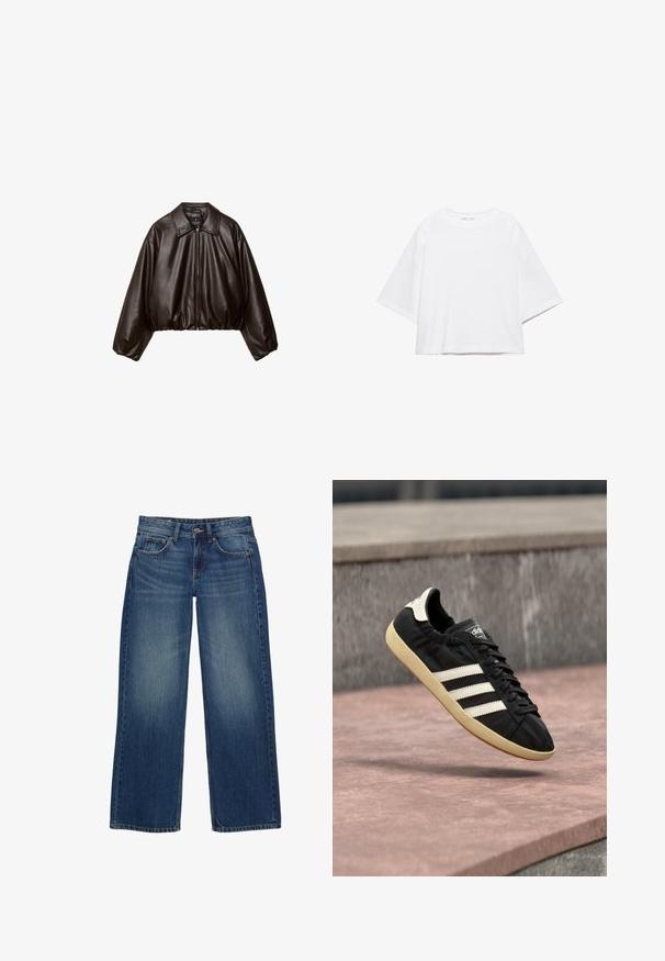Braune Kunstleder-Cropped-Jacke mit Kragen, Reißverschluss und gepufften Ärmeln, aus glattem Material und mit elastischem Bund.; Weißes, kurzärmeliges, kastiges T-Shirt aus weicher Baumwolle. Es verfügt über einen Rundhalsausschnitt und breite Ärmel mit einem klaren, schlichten Design.; Weit geschnittene blaue Jeans aus Denim mit einem verwaschenen Finish, ausgestattet mit fünf Taschen, einem vorderen Knopfverschluss und sichtbaren Nahtdetails.; Schwarzer Adidas-Sneaker mit weißen Streifen und beiger Sohle, in der Luft über einer steinernen Oberfläche und mit Steinwand im Hintergrund aufgenommen.