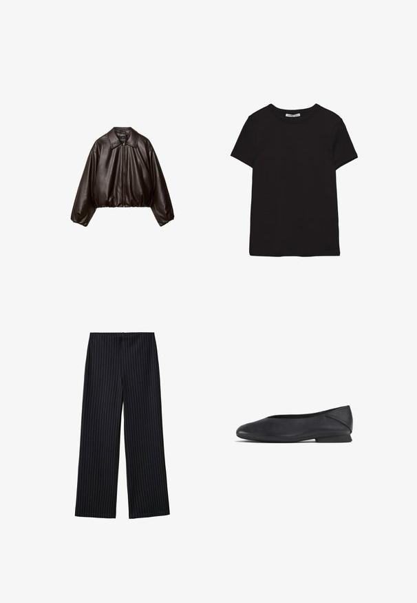 Brun faux læder cropped jakke med krave, lynlås-lukning og pufferærmer, med en glat tekstur og elastisk talje.; Sort kortærmet t-shirt i bomuld med rund halsudskæring, standard pasform og synlig indvendig halsmærkat.; Sorte, smalle stribede bukser med brede ben, glat tekstur og en høj talje. Stoffet har en subtil glans og falder løst.; Sorte læder flade sko med rund tå og lav hæl, designet til både casual og formelt brug.
