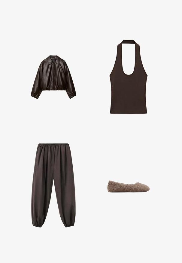 Brun faux læder cropped jakke med krave, lynlås-lukning og pufferærmer, med en glat tekstur og elastisk talje.; Mørkebrun ærmeløs halterneck-top med brede stropper og dyb rund udskæring lavet af ribstrikket stof.; Løse mørkebrune bukser med elastisk talje og manchetter, lavet af blødt stof, designet til komfort og afslappet brug.; Brun, fleece-fodret ballet flats med rund tå. Blød tekstur og sømløst design, der har en lav profil. Ingen synlige detaljer.