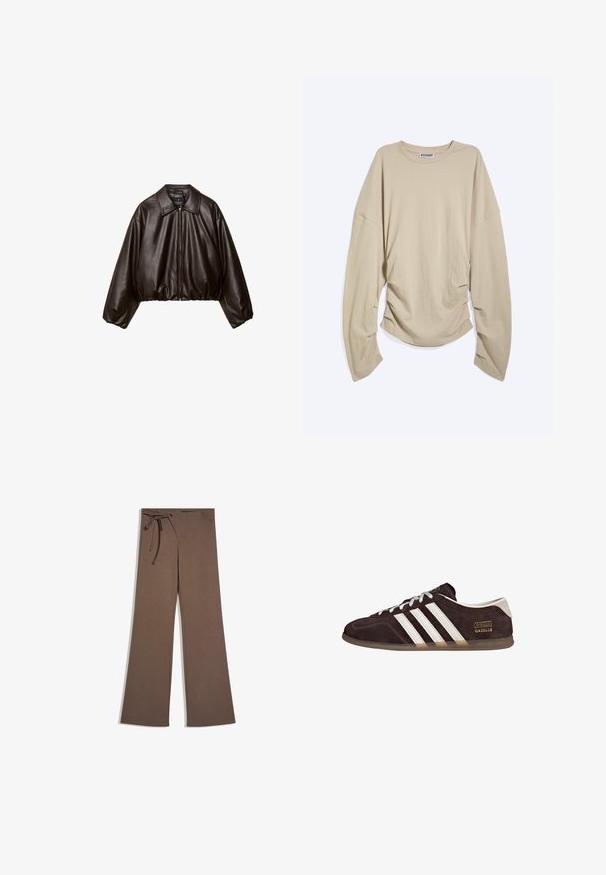 Veste cropped en simili cuir marron avec col, fermeture éclair et manches bouffantes, présentant une texture lisse et une taille élastique.; T-shirt beige à manches longues, col rond, avec des manches amples et des côtés froncés, posé à plat sur fond blanc.; Pantalon large marron taille haute, avec poches avant et cordon noué sur le côté gauche.; Baskets en suède marron avec trois bandes blanches, semelle en caoutchouc, et étiquette avec le texte "Gazelle" en or. Fermeture à lacets avec lacets gris.