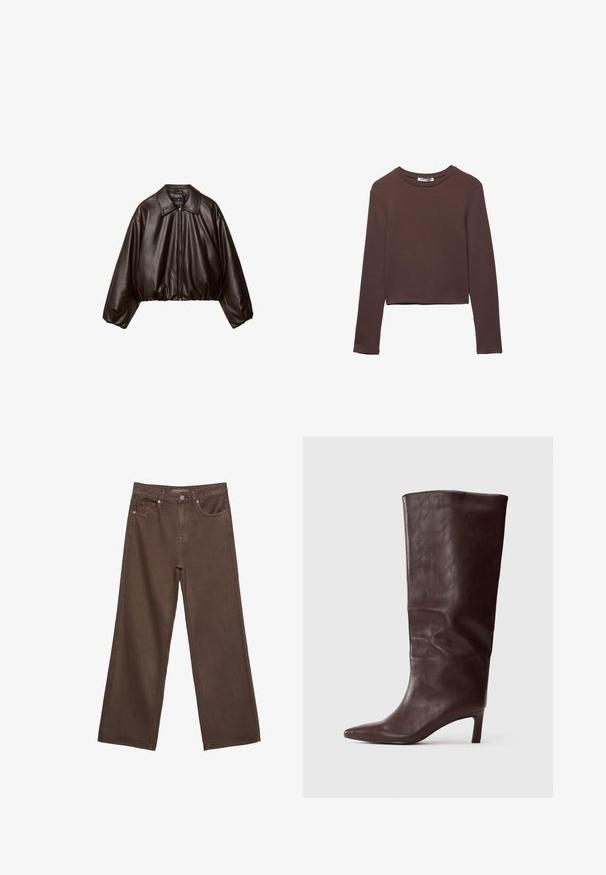 Bruine nep leren cropped jas met een gekraagde kraag, ritssluiting en voluminieuze mouwen, met een gladde textuur en een elastische tailleband.; Bruine langemouwen cropped shirt in een zachte, gladde stof met een ronde halslijn en zonder zichtbare patronen of hardware.; Bruine wijde jeans gemaakt van denim, met twee voorzakken, een enkele achterzak en een metalen knoopsluiting.; Hoge, donkerbruine leren laars met spitse neus en slanke, middelhoge hak op een effen witte achtergrond.