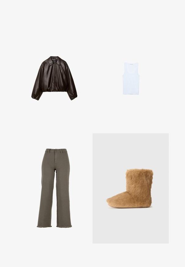 Brun faux læder cropped jakke med krave, lynlås-lukning og pufferærmer, med en glat tekstur og elastisk talje.; Hvid bomulds tanktop, med rund halsudskæring og brede skulderstropper. Glat tekstur, ærmeløs design og en tætsiddende silhuet.; Højttaljede olivengrønne vidde bukser med knap- og lynlåslukning, bærestropper og frynsede kanter.; Brune faux fur ankelstøvle, blød tekstur, rund tå, kort skaft og et enkelt design uden synligt hardware eller mønstre.