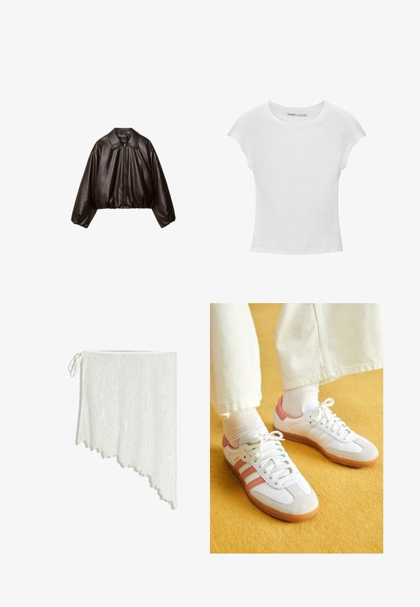 Brun faux læder cropped jakke med krave, lynlås-lukning og pufferærmer, med en glat tekstur og elastisk talje.; Hvid bomuld t-shirt med korte, opsmøgede ærmer, rund halsudskæring og lige kant. Glat tekstur uden synlige mønstre eller detaljer.; Hvid blondesjal med asymmetrisk snit, blomster mønstre og bånd til at binde i siden, hængende mod en hvid baggrund.; Hvide sportsko med lyserøde accenter, lavet af ruskind og læder, rund tå og gummisål, vist med lyse sokker på en gul baggrund.