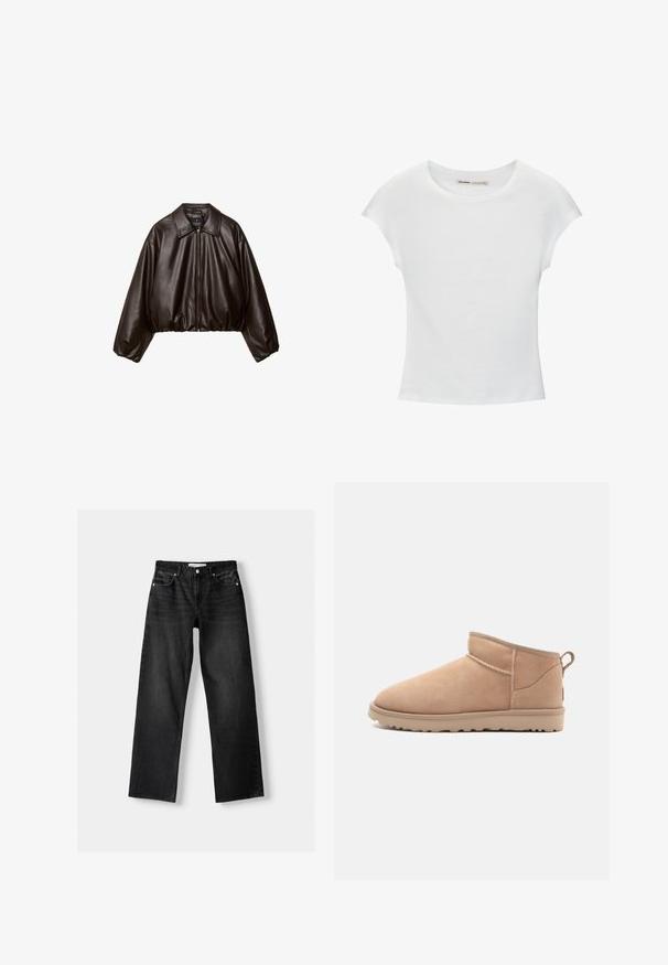 Bruine nep leren cropped jas met een gekraagde kraag, ritssluiting en voluminieuze mouwen, met een gladde textuur en een elastische tailleband.; Witte katoenen T-shirt met korte, opgerolde mouwen, een ronde halslijn en een rechte zoom. Gladde textuur zonder zichtbare patronen of accenten.; Bershka Straight leg jeans - mottled dark grey; Tan suède enkellaars met een afgeronde neus, zachte textuur, eenvoudig ontwerp en een laag profiel rubberen zool. Voorzien van een trekhaak aan de achterkant.