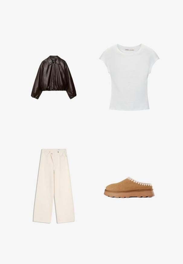 Brun faux læder cropped jakke med krave, lynlås-lukning og pufferærmer, med en glat tekstur og elastisk talje.; Hvid bomuld t-shirt med korte, opsmøgede ærmer, rund halsudskæring og lige kant. Glat tekstur uden synlige mønstre eller detaljer.; Off-white bukser med vidde i benene, foranlommer, bærestropper og sølvknapper på linningen og lommekanter.; Brune ruskind slip-on sko med en tekstureret overdel, der har dekorativ beige syning langs kanten og en tykk gummisål.