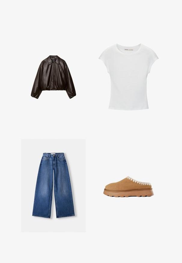 Brun faux læder cropped jakke med krave, lynlås-lukning og pufferærmer, med en glat tekstur og elastisk talje.; Hvid bomuld t-shirt med korte, opsmøgede ærmer, rund halsudskæring og lige kant. Glat tekstur uden synlige mønstre eller detaljer.; Bredbenet blå denimjeans med forlommer, bæltestropper og knaplukning, lagt fladt på en lys baggrund.; Brune ruskind slip-on sko med en tekstureret overdel, der har dekorativ beige syning langs kanten og en tykk gummisål.