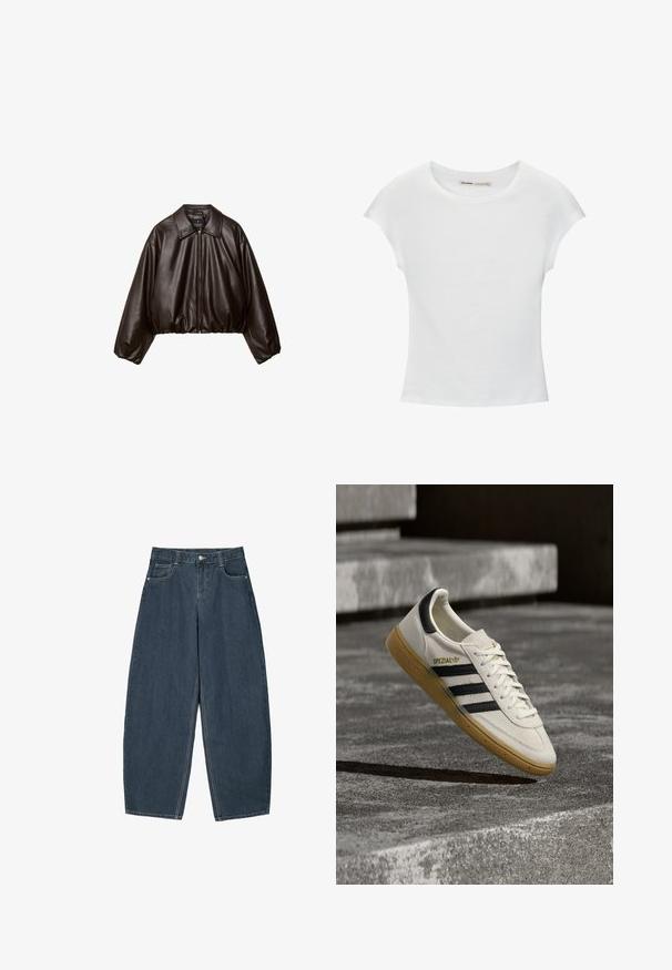 Braune Kunstleder-Cropped-Jacke mit Kragen, Reißverschluss und gepufften Ärmeln, aus glattem Material und mit elastischem Bund.; Weißes Baumwoll-T-Shirt mit kurzen, aufgerollten Ärmeln, rundem Ausschnitt und geradem Saum. Glatte Textur ohne sichtbare Muster oder Akzente.; Dunkelblaue Denim-Hosenträger mit weitem Bein und hoher Taille, ausgestattet mit fünf Taschen und sichtbaren Nähdetails. Sauberes, minimalistisches Design.; Weißer Adidas Spezial Sneaker mit schwarzen Streifen und Kautschuksohle, der über grauen Steinstufen im Freien schwebt.
